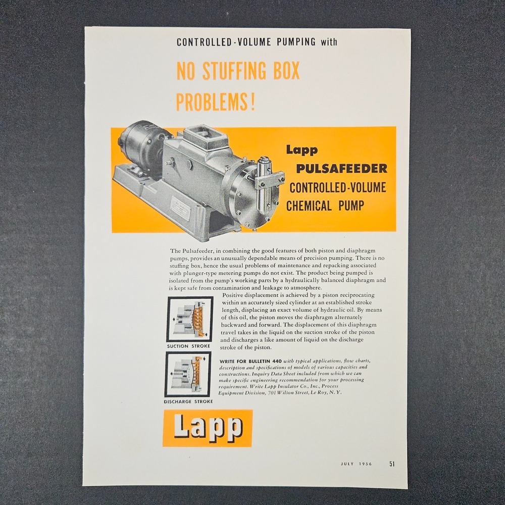 195 Lapp Pulsafeeder Controlled-Volume Chemical Pump Vintage Print Ad Le‎ Roy NY